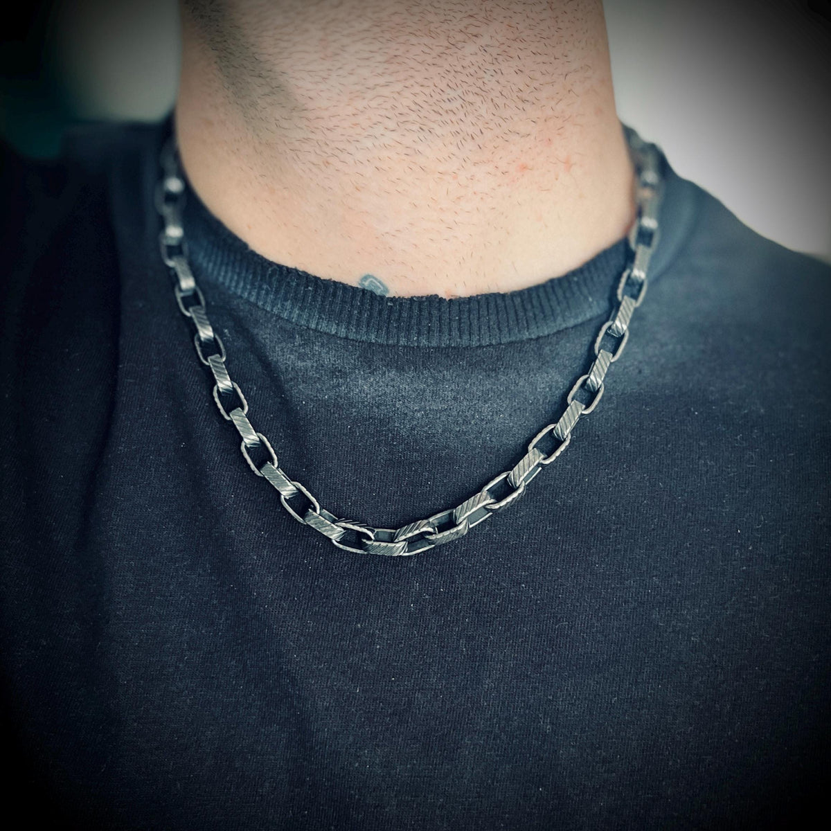 Rustic Etched Stainless Steel Matte Black & Silver Thick Chunky Heavy Box Chain Necklace