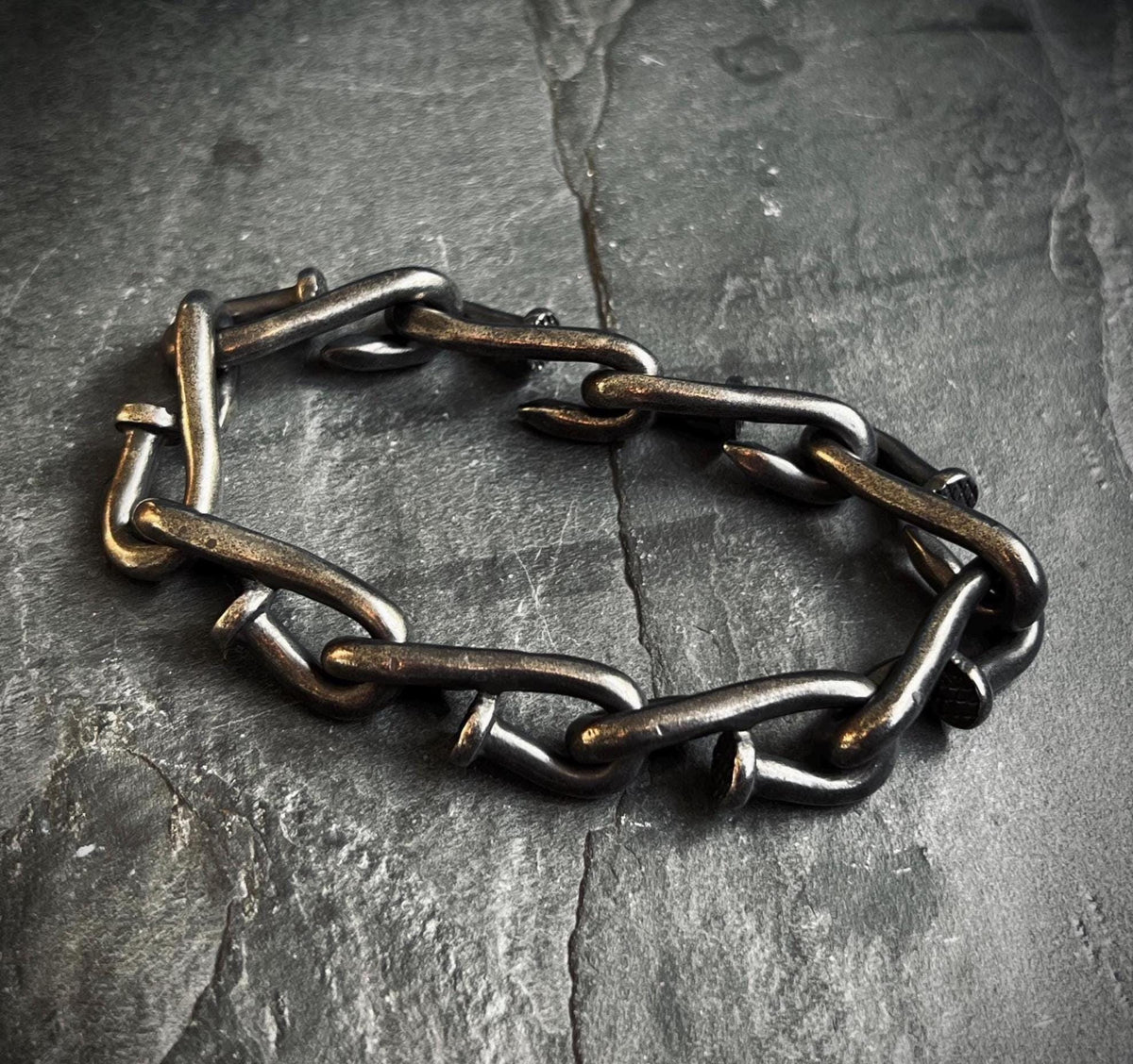 Rustic Oxidized Blackened Stainless Steel Nail Link Chunky Chain Bracelet