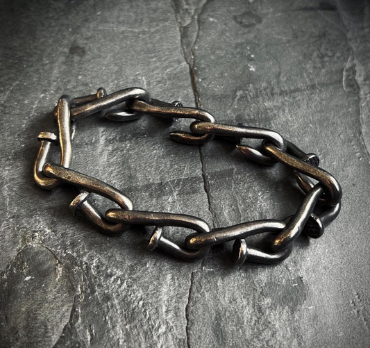 Rustic Oxidized Blackened Stainless Steel Nail Link Chunky Chain Bracelet