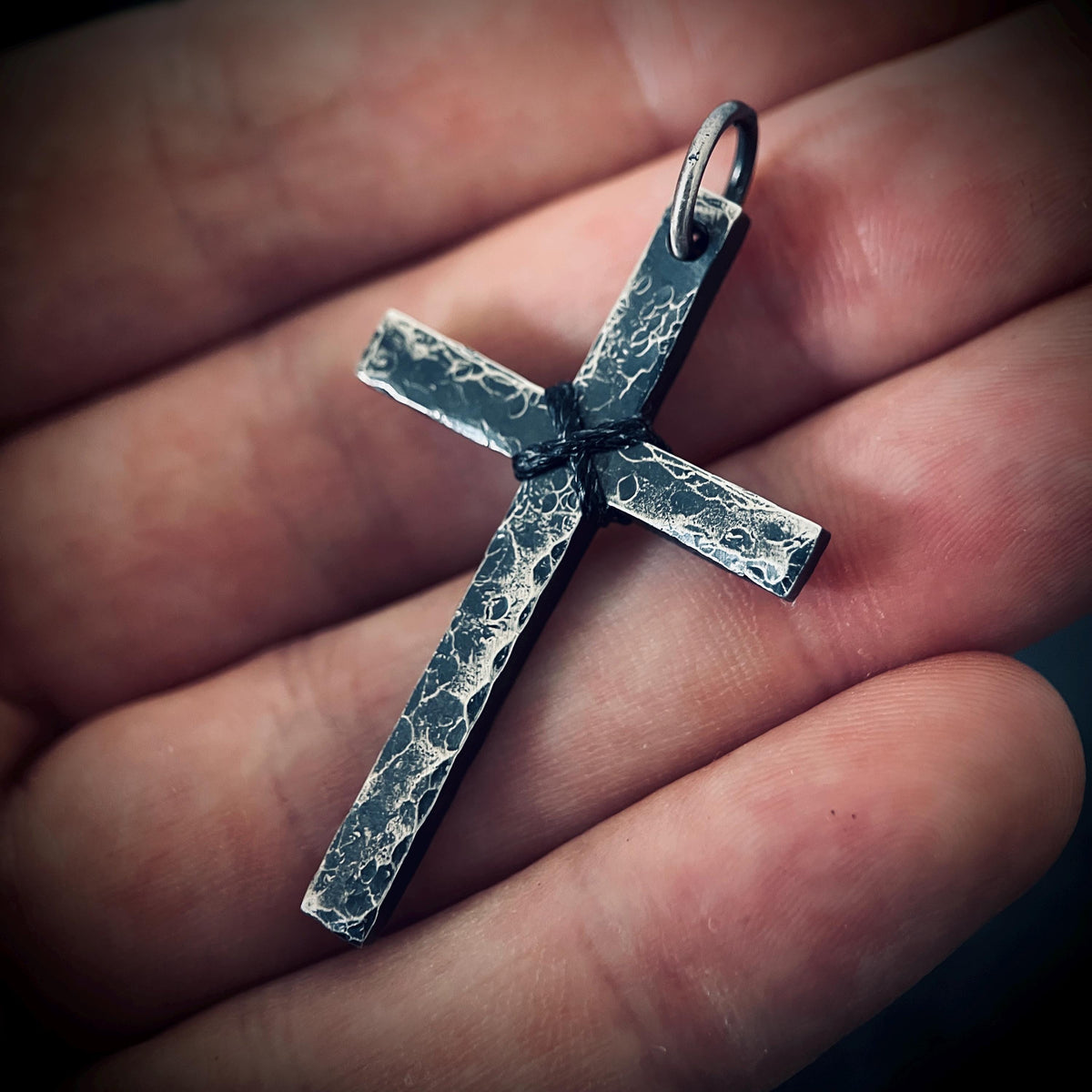 Rustic Hammered Textured 925 Sterling Silver Cross Crucifix Pendant: Distressed Oxidised Finish
