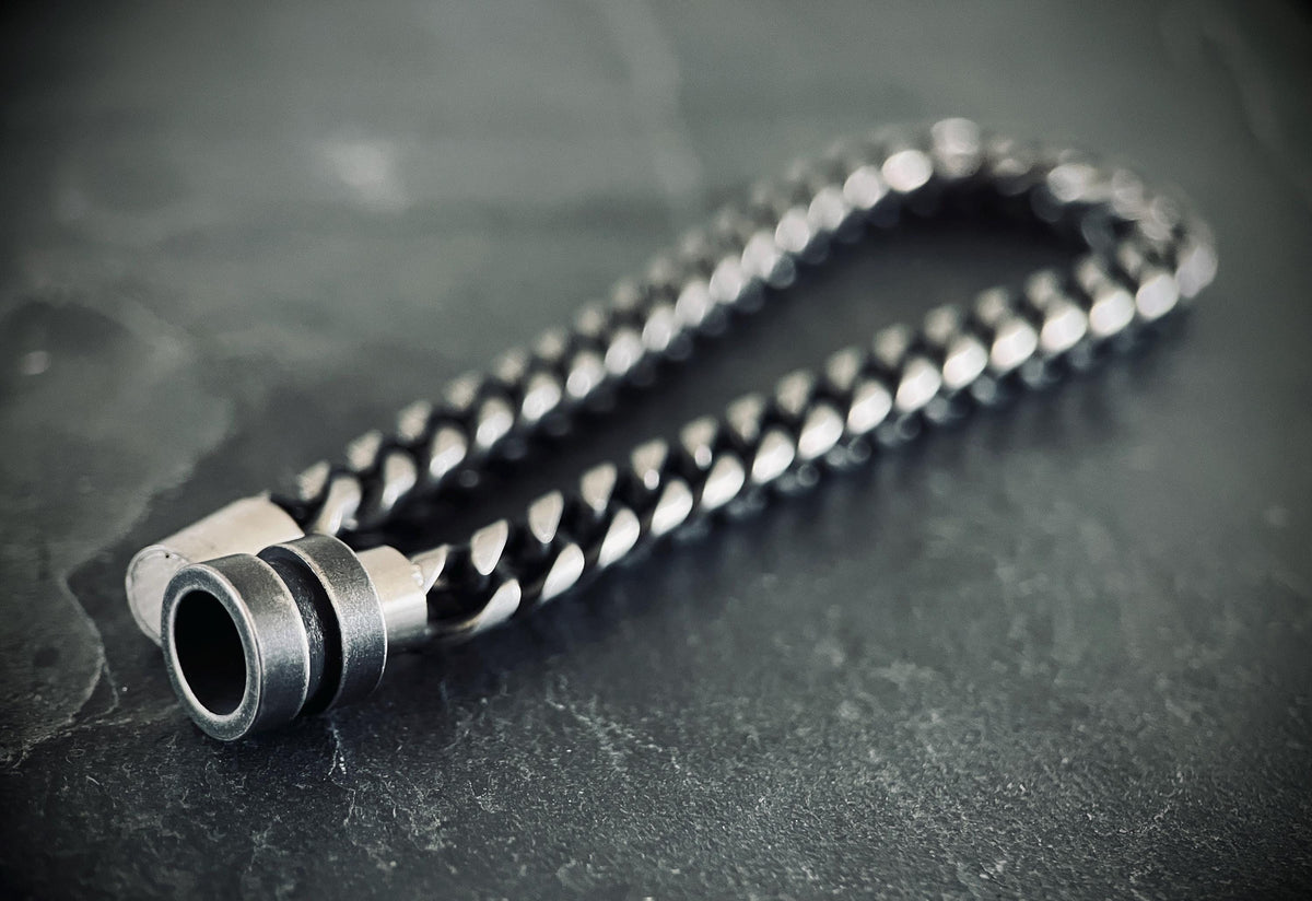 Oxidised Simple Stainless Steel Matte Blackened Silver Thick Chunky Foxtail Cable Link Chain Bracelet