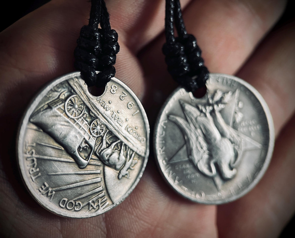 Couples His & Hers Rustic Silver Medallion Pendant Necklaces - Warrior and Angel