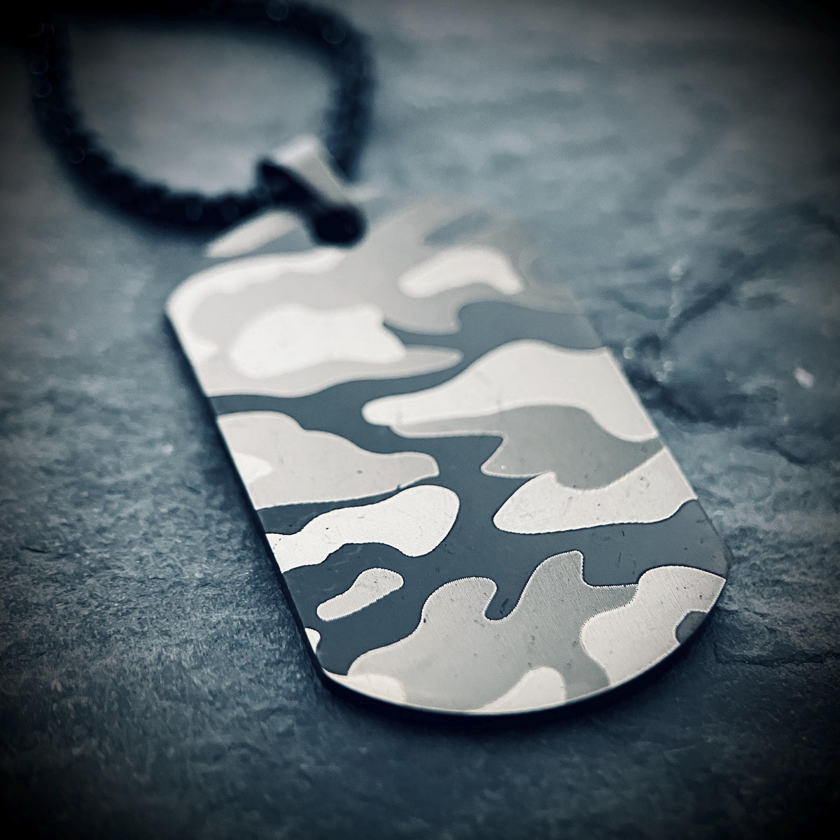 Matte Snow White Camo Dog Tag Necklace: Stainless Steel Metal Pendant with 24" Chain