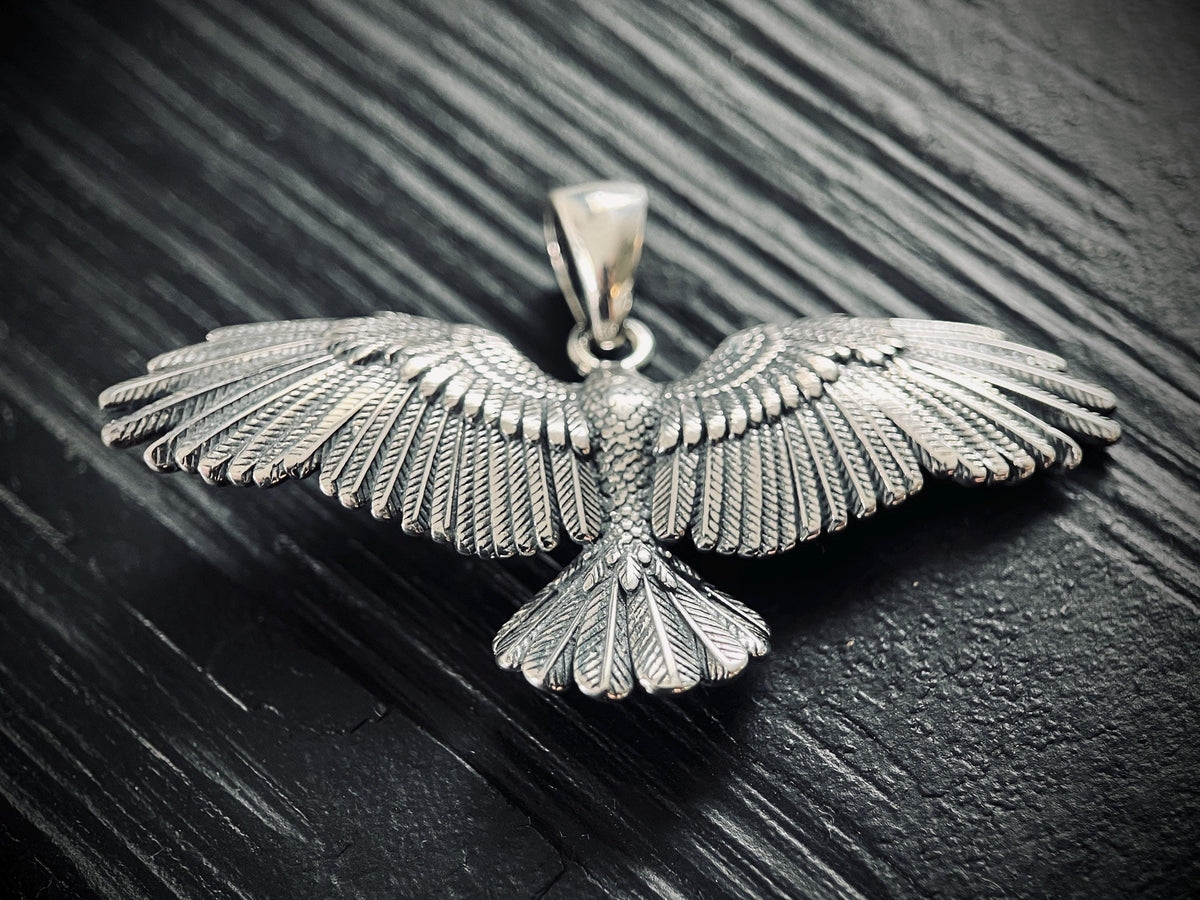Oxidised Rustic Blackened 925 Solid Sterling Silver Winged Crow Bird Pendant