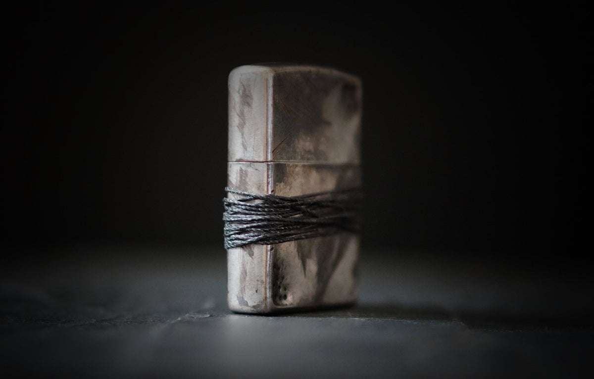 Heavily Distressed Oxidised Battle Damaged Vintage Style Silver Chrome Custom Zippo Lighter with Rope Grip / EDC / Everyday Carry