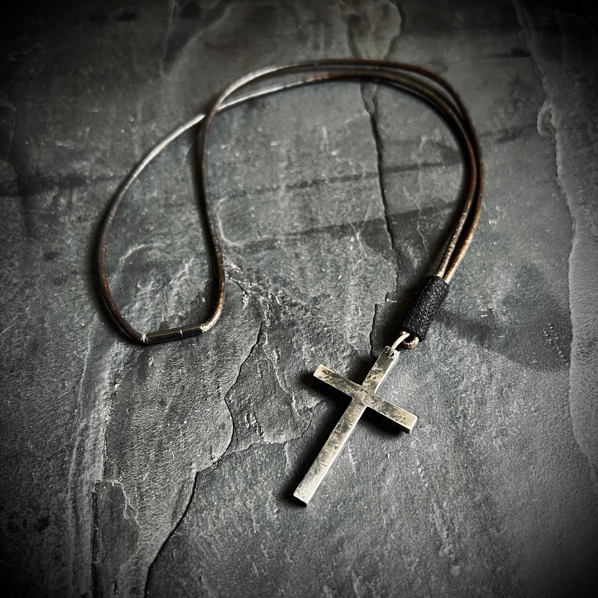 Brutalist Rustic Style 925 Sterling Silver Cross/Crucifix Pendant with Leather Cord Necklace