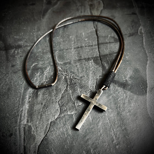 Brutalist Rustic Style 925 Sterling Silver Cross/Crucifix Pendant with Leather Cord Necklace