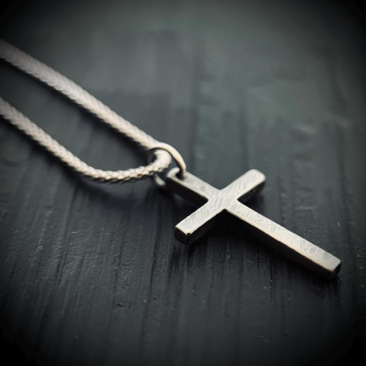 Small Rustic Dainty Minimalist Solid Sterling Silver 925 Cross Crucifix Pendant & Popcorn Chain Necklace