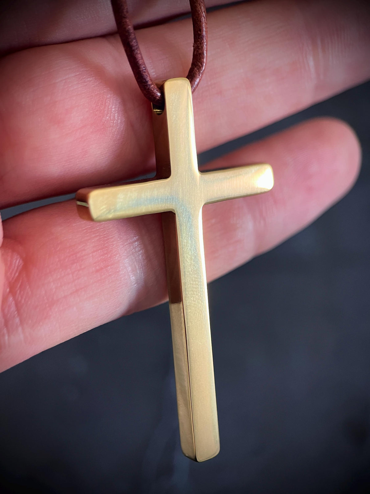 Gold Stainless Steel Cross Necklace with Rustic Brown Leather Cord