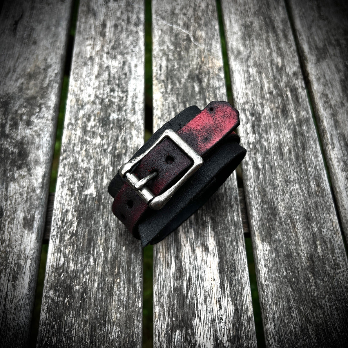 Artisan Handmade Red & Black Road Worn Out Distressed Relic Leather Wristband Wrap Cuff Bracelet Accessory with Oxidised Silver Buckle Strap