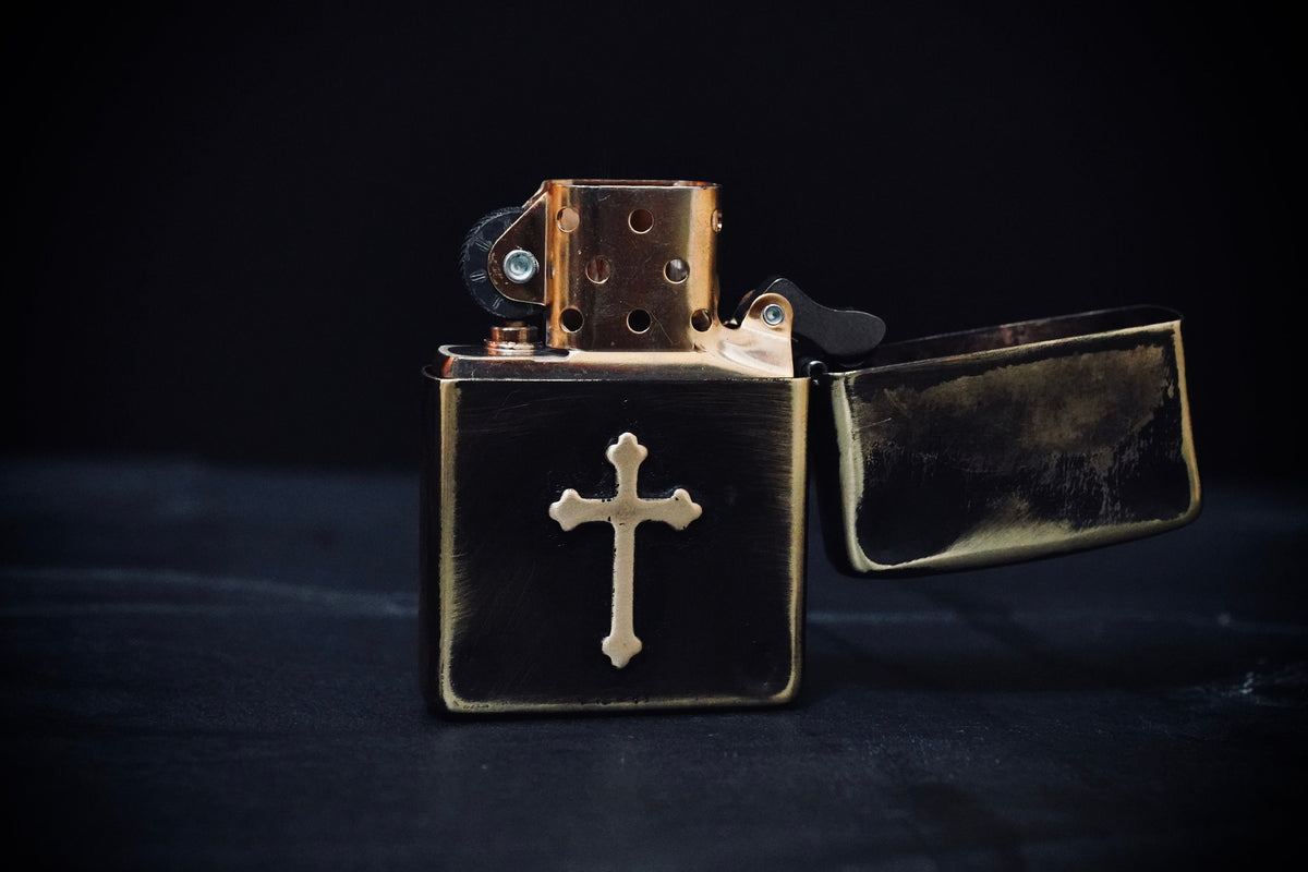 Customised Heavily Distressed & Oxidised Antique Vintage Patina Style Solid Brass Zippo Lighter with Cross Crucifix Emblem / EDC