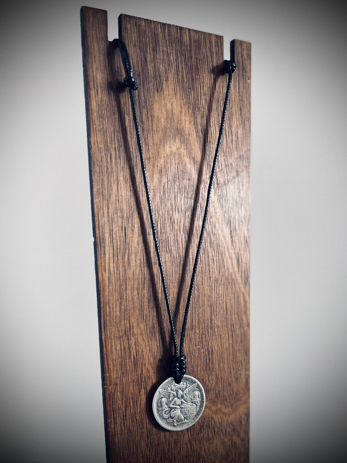 Ornate Rustic Silver Angel Medallion Pendant with Black Adjustable Cord Necklace