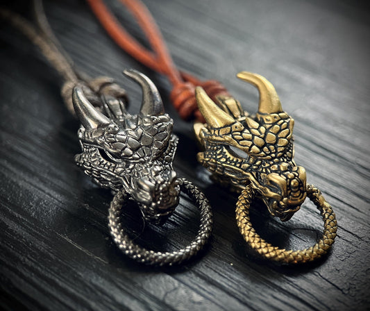 Oxidised Rustic Black & Gold Dragon Head Charm Amulet Pendant with Leather Cord Necklace
