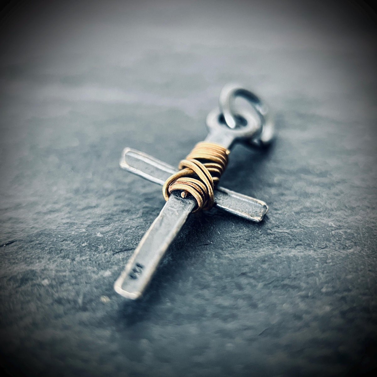 Distressed & Oxidised 925 Solid Sterling Silver Dainty Small Rustic Cross Crucifix Pendant with Brass Rope Wrapping | Minimalist | Plain