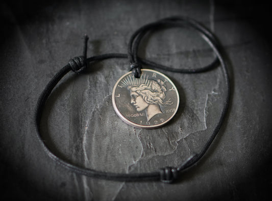 Peace Dollar Pendant: Distressed Lady Liberty Coin Medallion with Adjustable Leather Cord Necklace