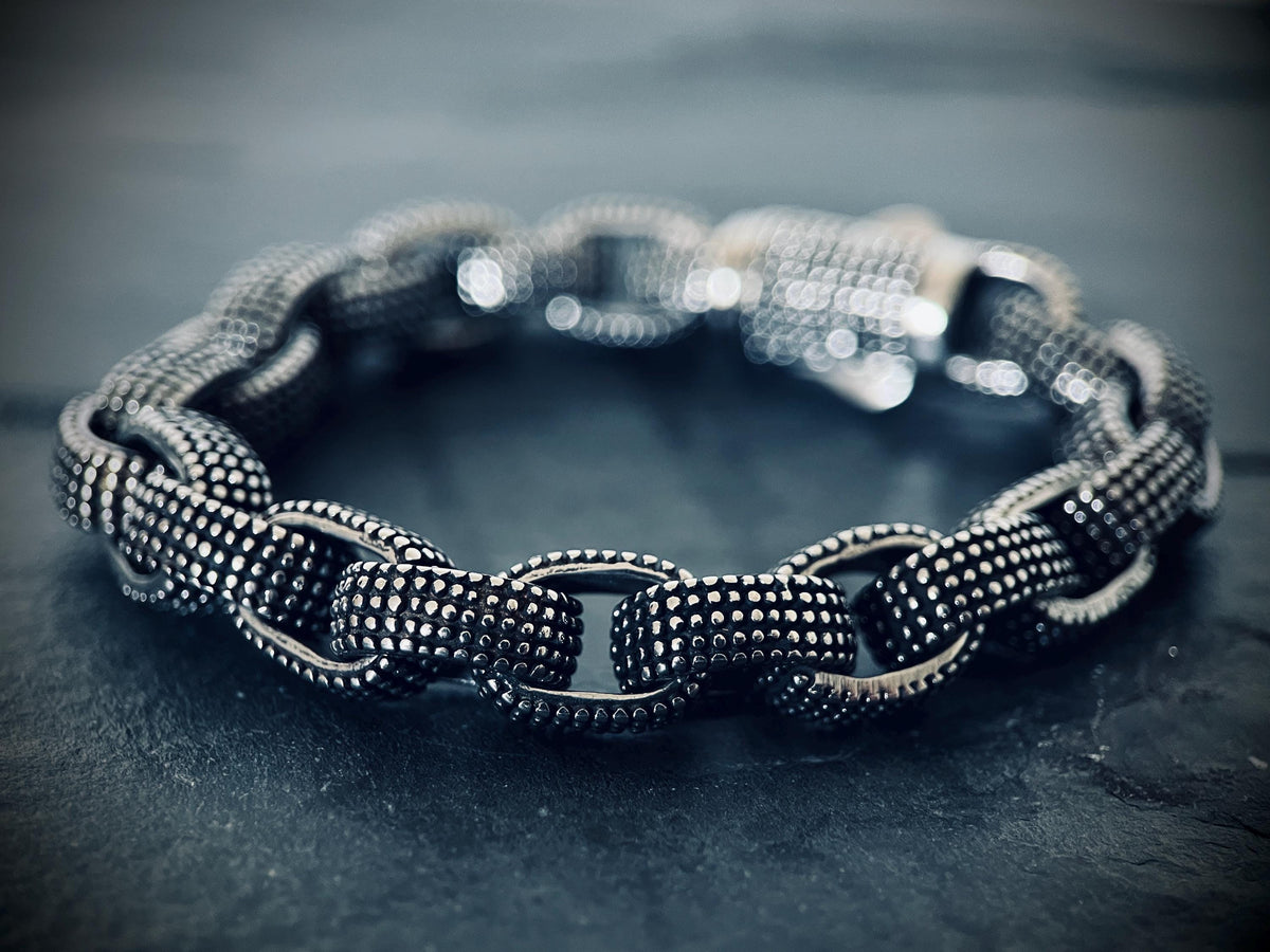 Oxidized Stainless Steel Chunky Chain Bracelet: Embossed Dot Link, Rustic Mens Jewelry