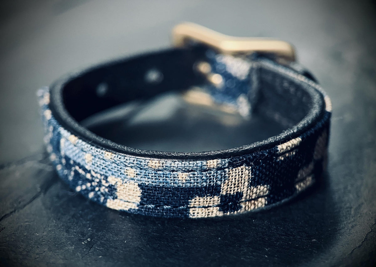 Distressed Black Leather & Denim Wrap Bracelet: Solid Brass Buckle