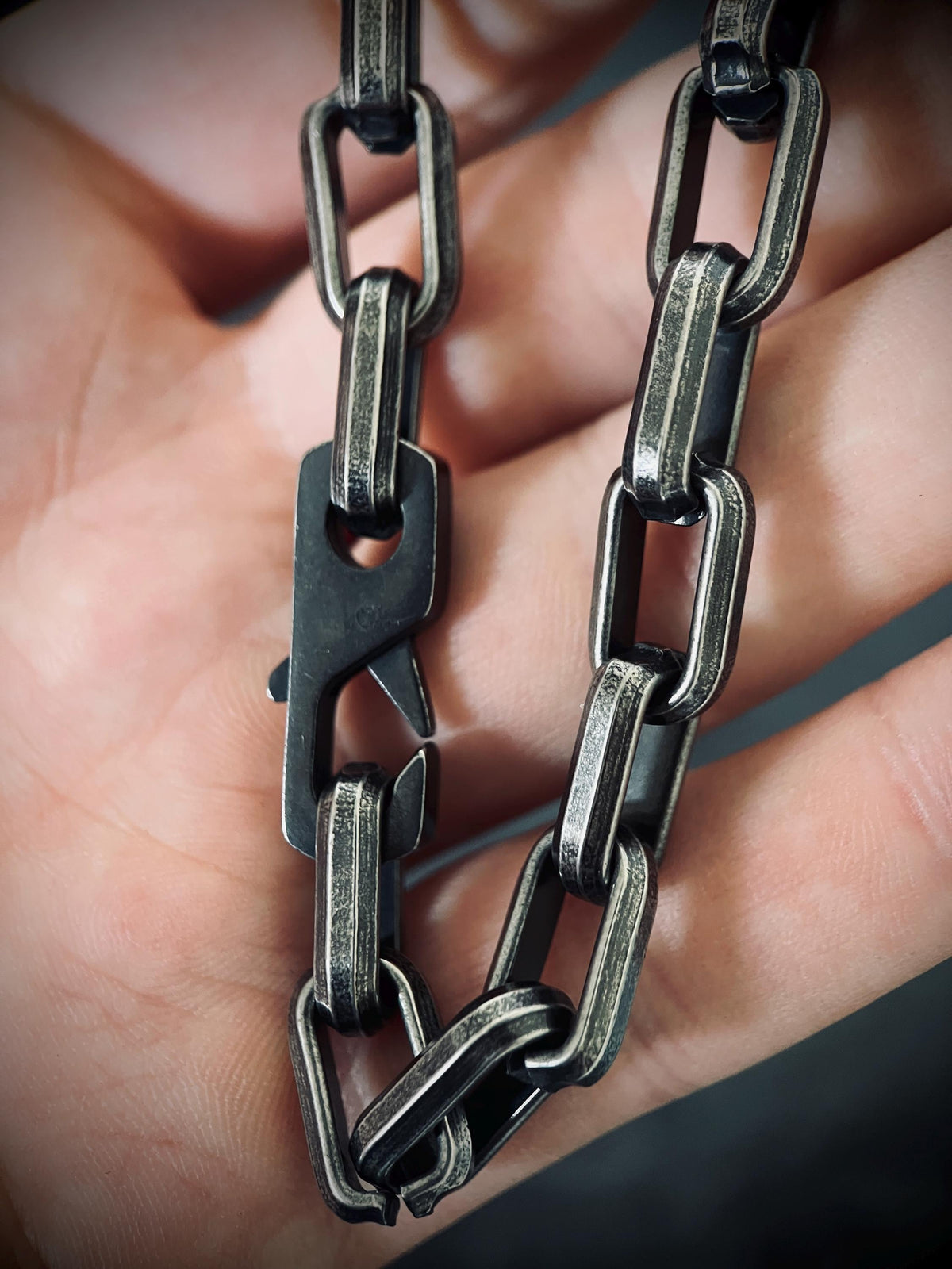 Rustic Oxidised Stainless Steel Matte Blackened Silver Thick Chunky Heavy Cable Link Chain Bracelet