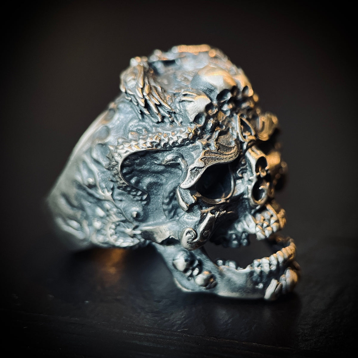 Distressed 925 Solid Sterling Silver Chunky Highly Detailed Ornate Handmade Carved Dragon Skull Ring