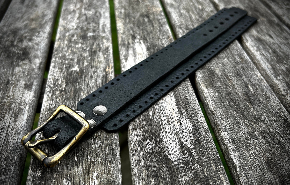Artisan Handmade Road Rash Black Worn Out Distressed Relic Leather Wristband Cuff Bracelet Accessory with Oxidised Solid Brass Buckle Strap
