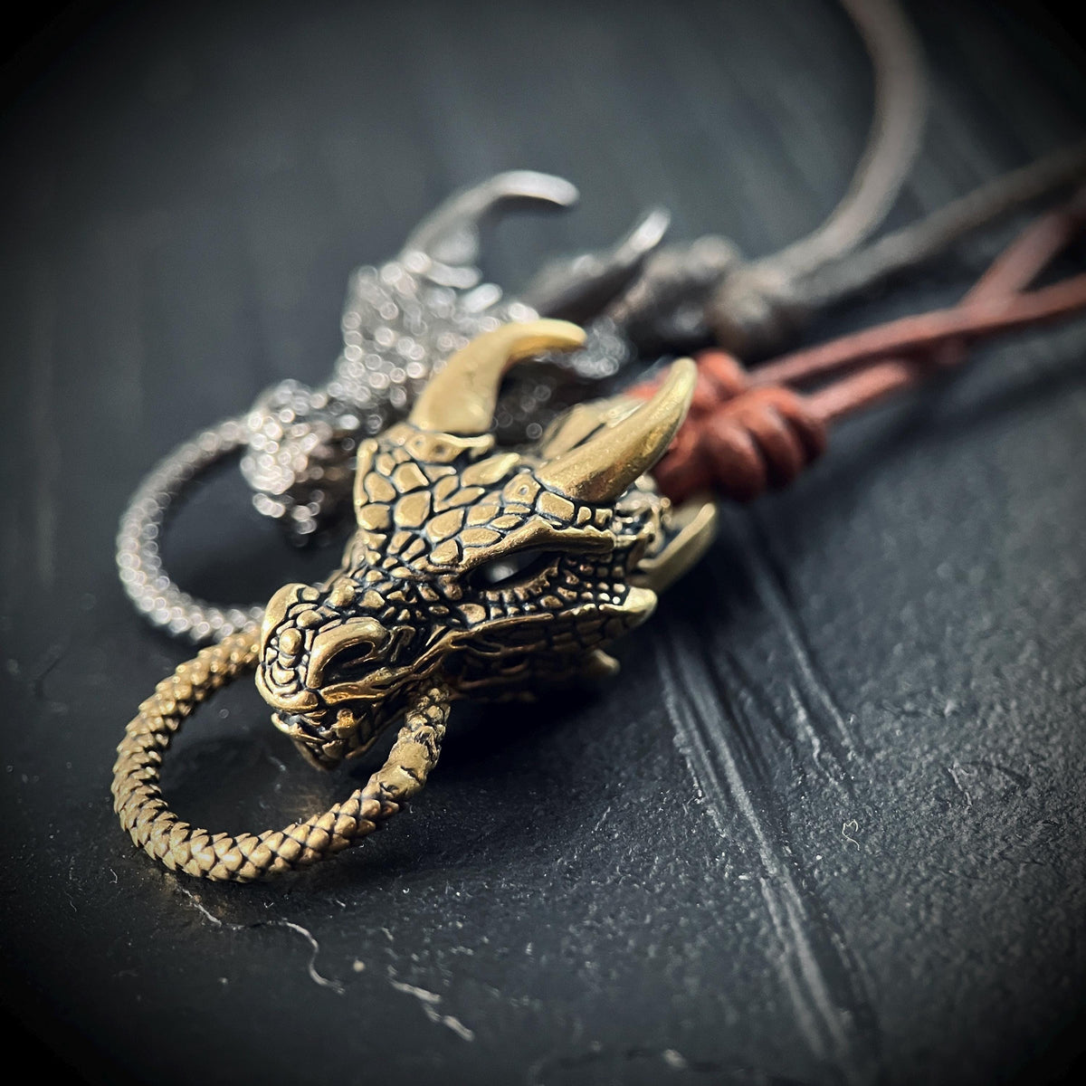 Oxidised Rustic Black & Gold Dragon Head Charm Amulet Pendant with Leather Cord Necklace