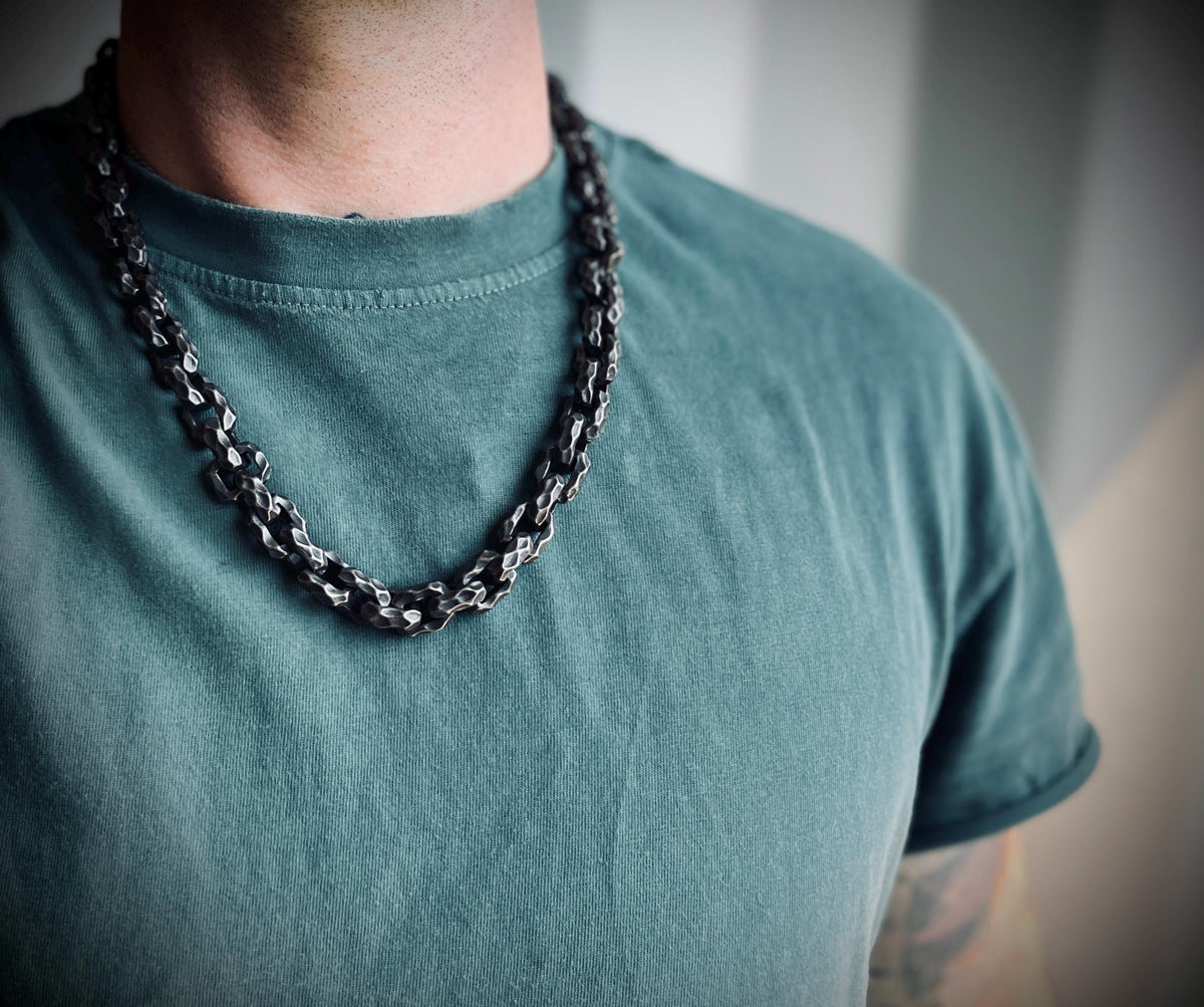 Boxy Thick Chunky Heavy Distressed Hammered Oxidised Silver Stainless Steel Cable Link Chain Necklace