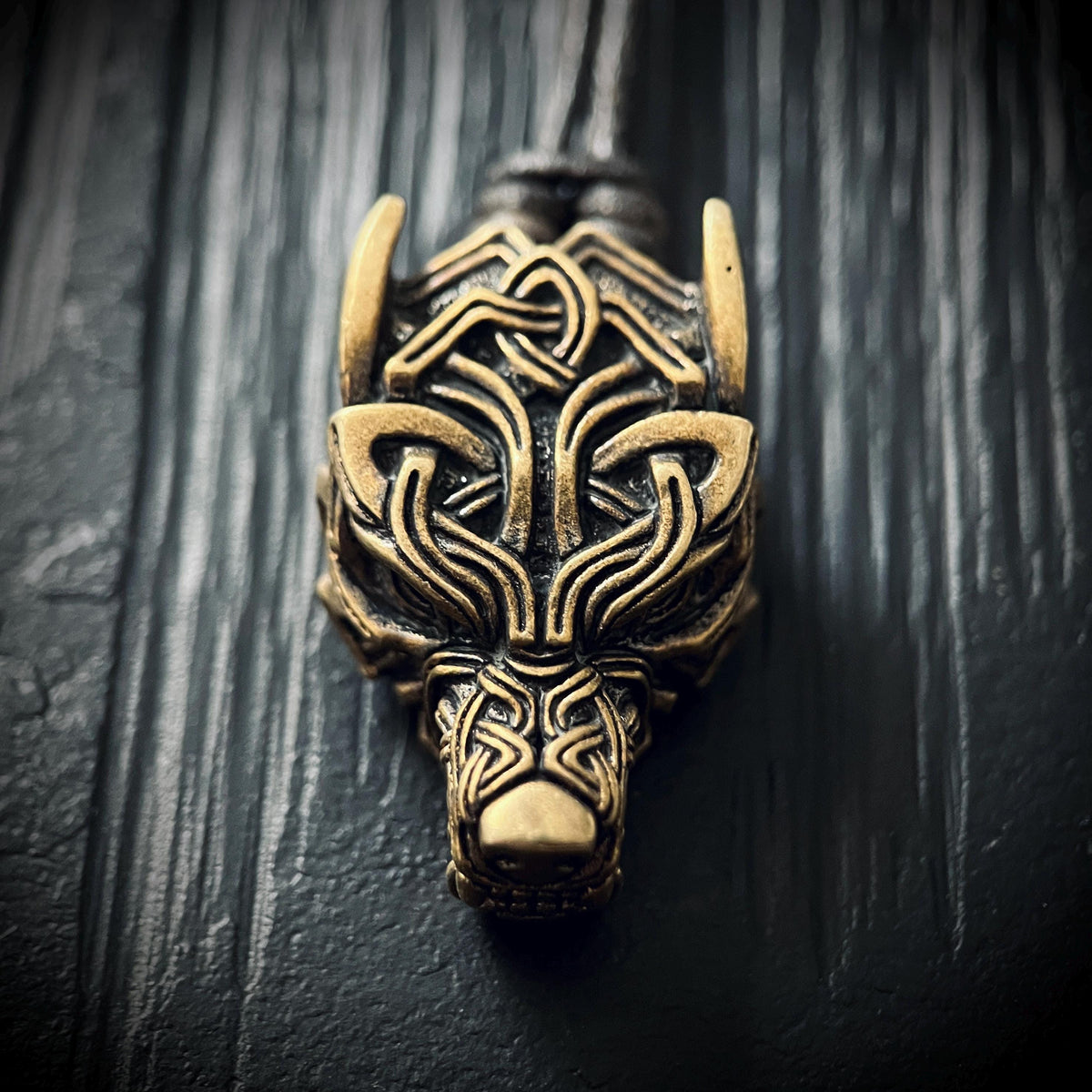 Rustic Brass Celtic Wolf Pendant & Black Distressed Leather Cord Necklace