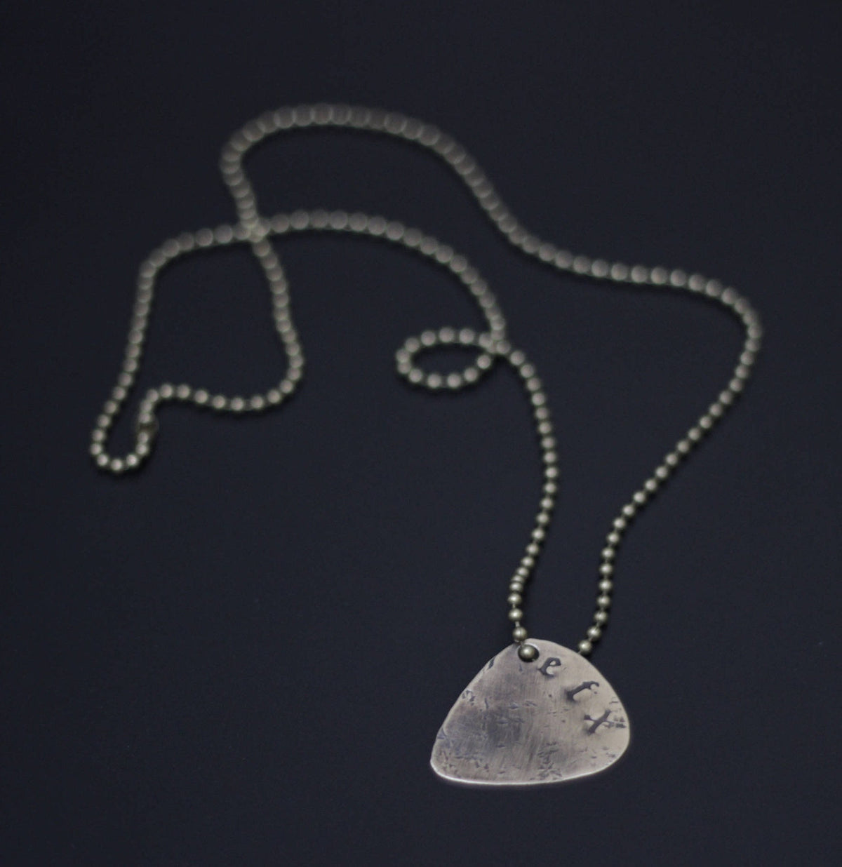 Custom Personalised Brass Guitar Pick Necklace with Engraved Lettering in Old English Font / Name / Initials / I.D (choose your own text)