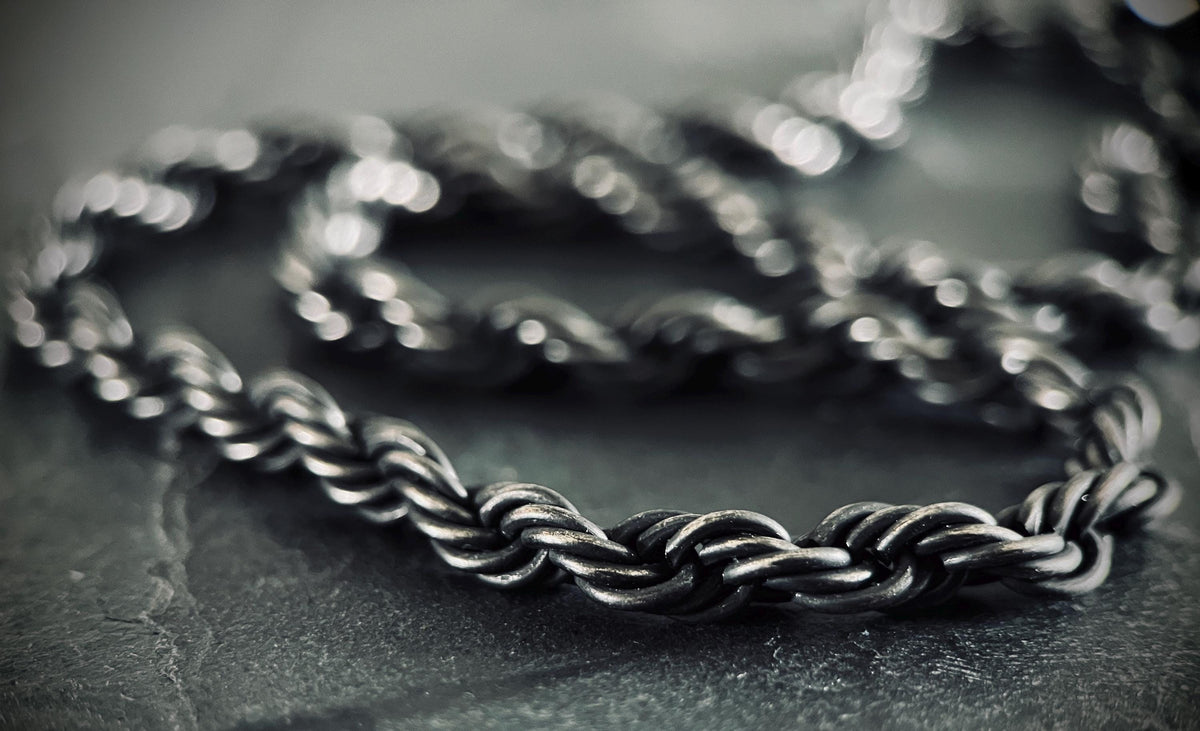 Rustic Chunky Heavy Oxidised Stainless Steel Twisted Rope Chain Necklace - Mens Minimalist Style - 24" Inches