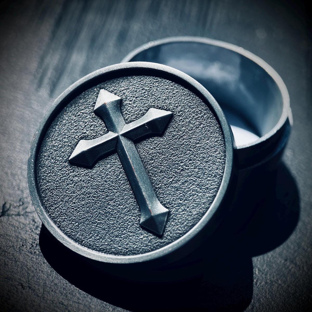 Ornate Distressed Stainless Steel Pill Bottle Stash Capsule Container with Silver Cross Crucifix / Survival EDC / Medication / Snuff Box