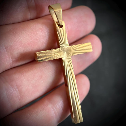Ornate Engraved Gold Stainless Steel Handmade Simple Minimalist Plain Cross Crucifix Pendant