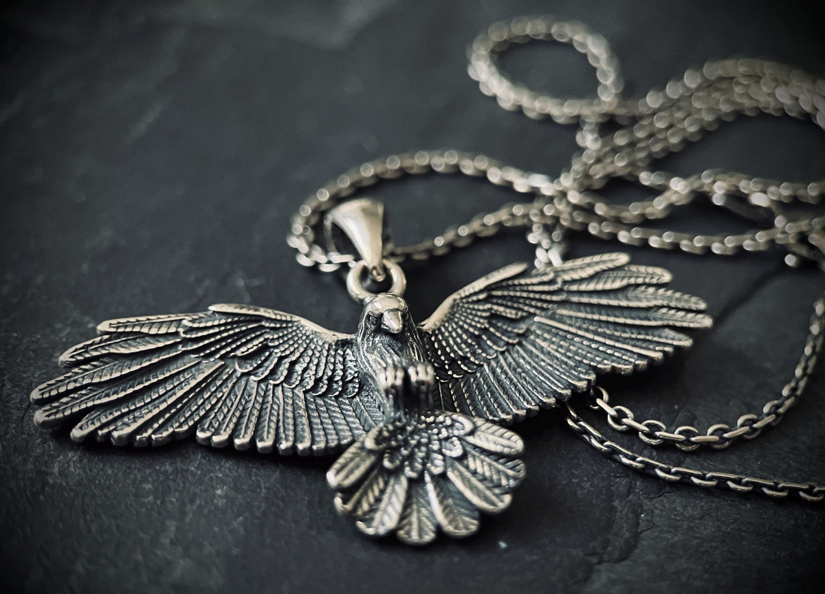 Oxidised Rustic Blackened 925 Solid Sterling Silver Crow Bird Pendant & Cable Chain Necklace
