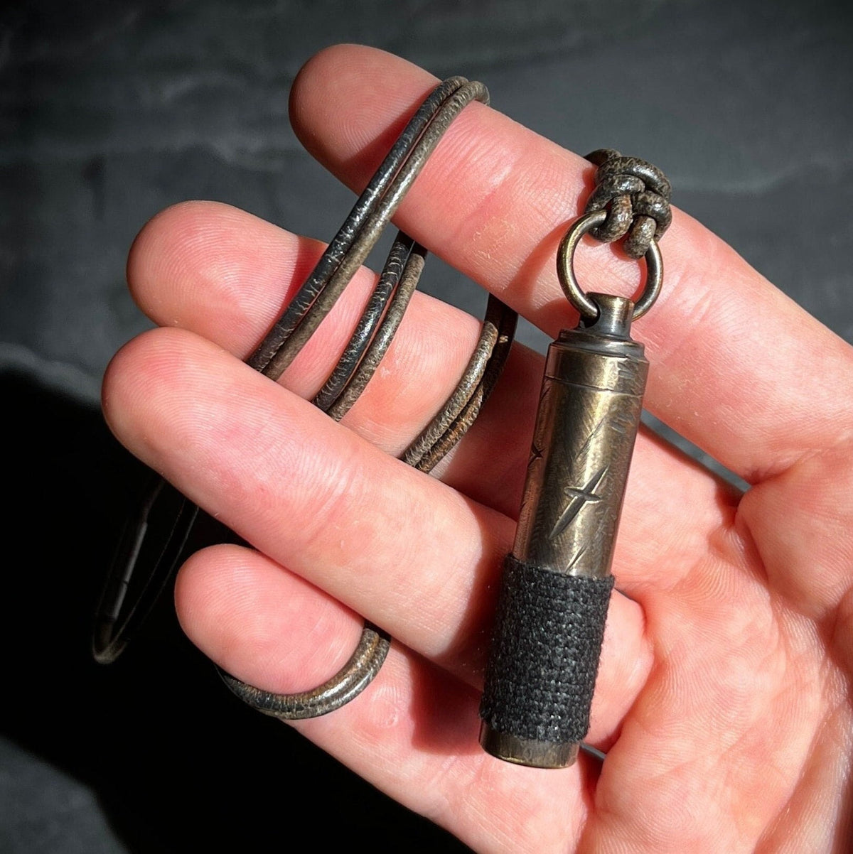 Rustic Style Etched Brass Secret Stash Bullet Vial Capsule Pendant & Leather Lace Cord Necklace
