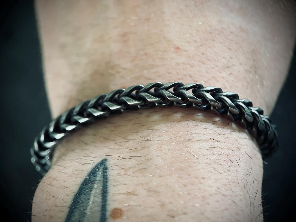 Oxidised Simple Stainless Steel Matte Blackened Silver Thick Chunky Foxtail Cable Link Chain Bracelet