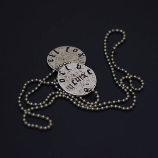 Vintage Style Old English Font Personalised Engraved 2-Piece Round Brass I.D Dog Tags with Matching Necklace (choose your name & D.O.B)