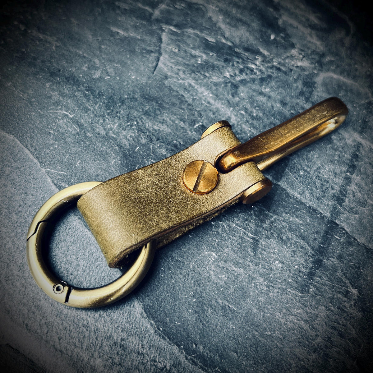 Distressed Olive Green Leather Brass Fish Hook Belt Keychain / Key Holder / Lanyard / Carabiner