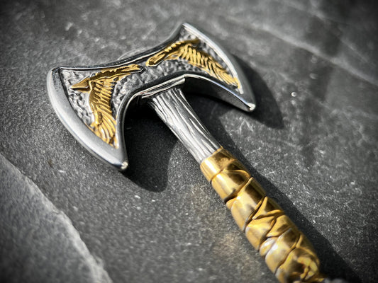 Rustic Distressed Stainless Steel Silver & Gold Large Viking Axe Charm Pendant
