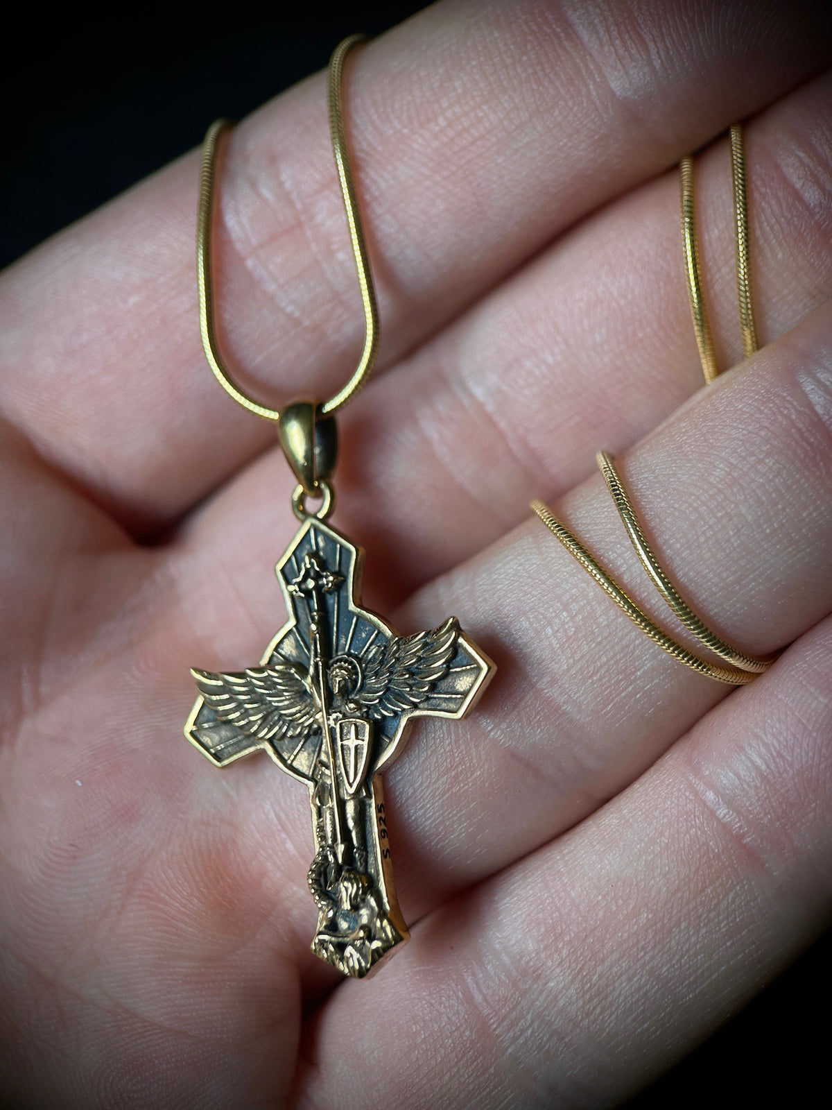 Archangel - 24ct Gold Handmade Saint Michael "Protect Us" Pendant & Matching Snake chain Necklace with Presentation Gift Box