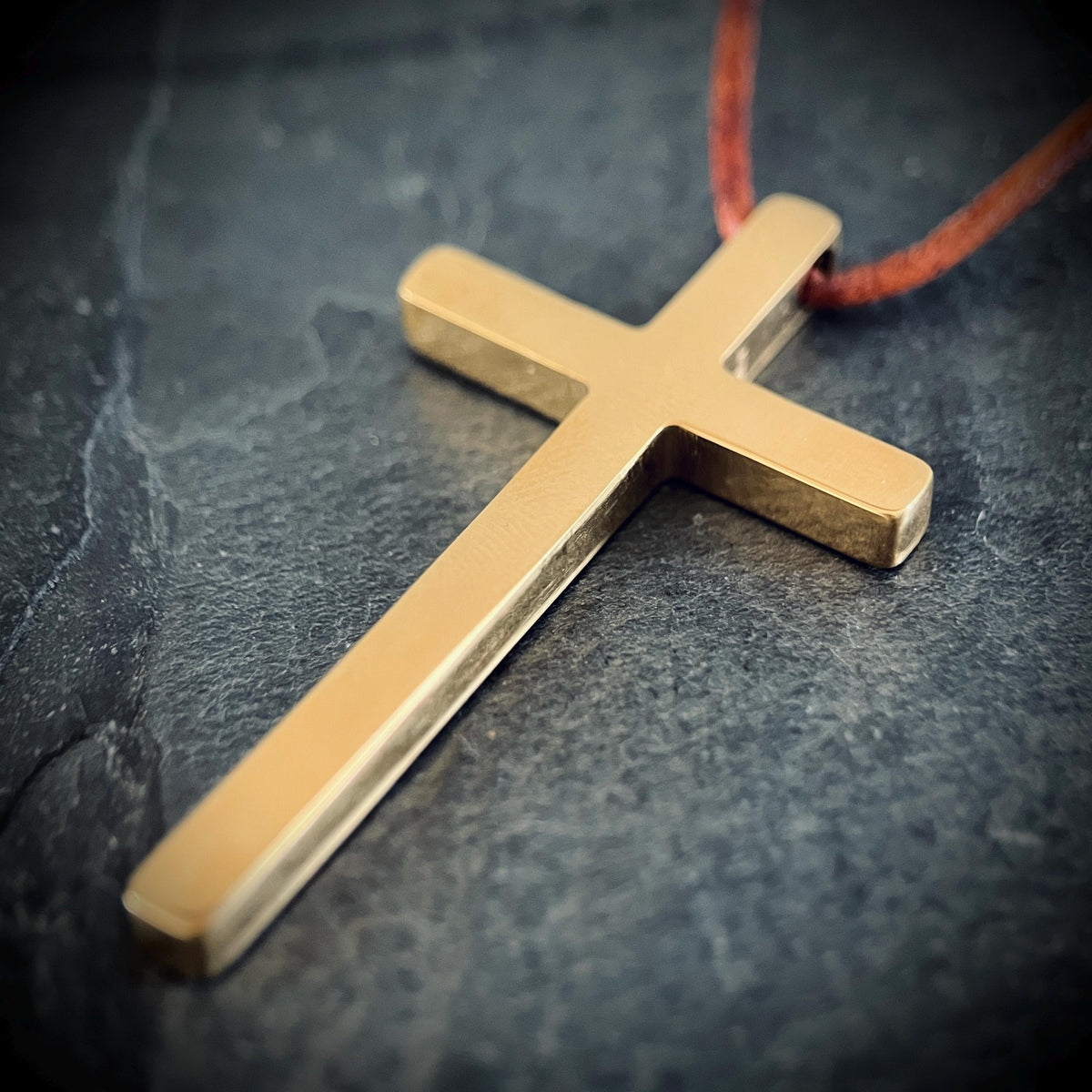 Gold Stainless Steel Cross Necklace with Rustic Brown Leather Cord