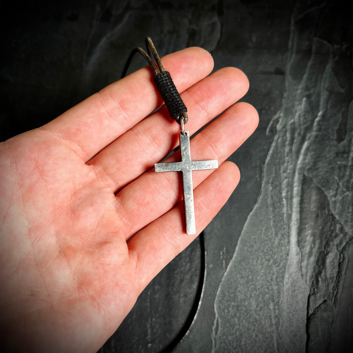 Brutalist Rustic Style 925 Sterling Silver Cross/Crucifix Pendant with Leather Cord Necklace