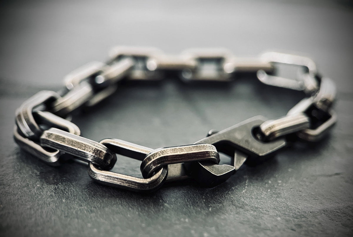 Rustic Oxidised Stainless Steel Matte Blackened Silver Thick Chunky Heavy Cable Link Chain Bracelet