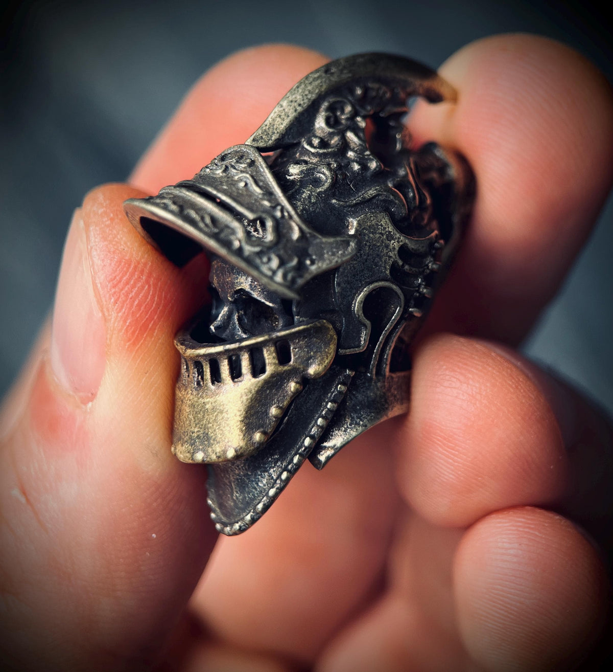 Ornate Highly Detailed Carved Distressed Aged White Brass Templar Knight Helmet Skull Pendant