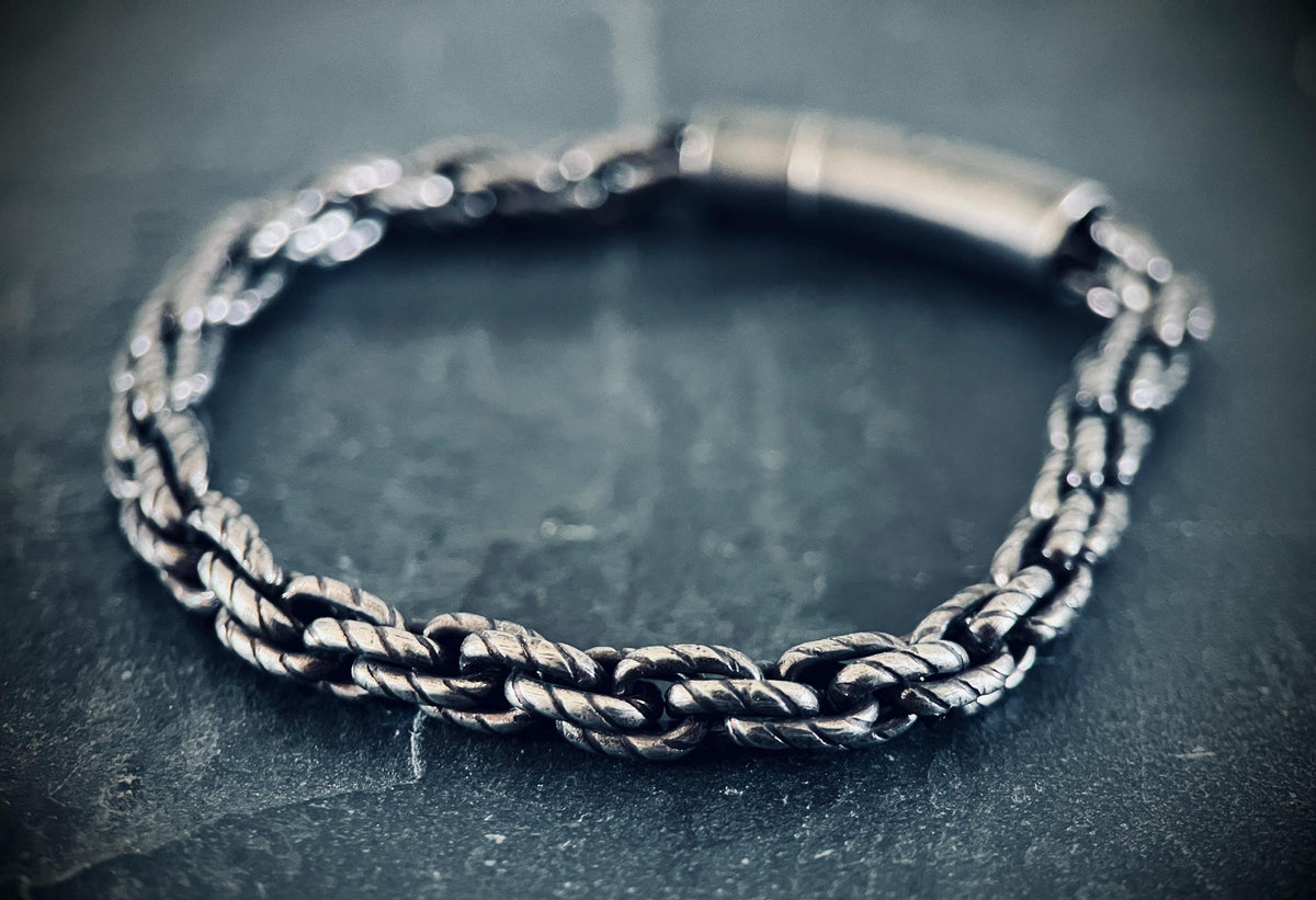 Oxidized Stainless Steel Rope Chain Bracelet: Chunky Blackened Silver, Mens Rustic Style