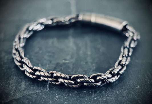 Oxidized Stainless Steel Rope Chain Bracelet: Chunky Blackened Silver, Mens Rustic Style