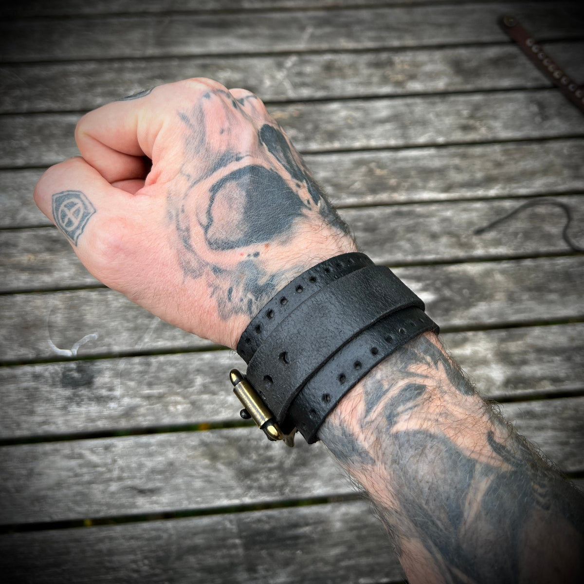 Artisan Handmade Road Rash Black Worn Out Distressed Relic Leather Wristband Cuff Bracelet Accessory with Oxidised Solid Brass Buckle Strap