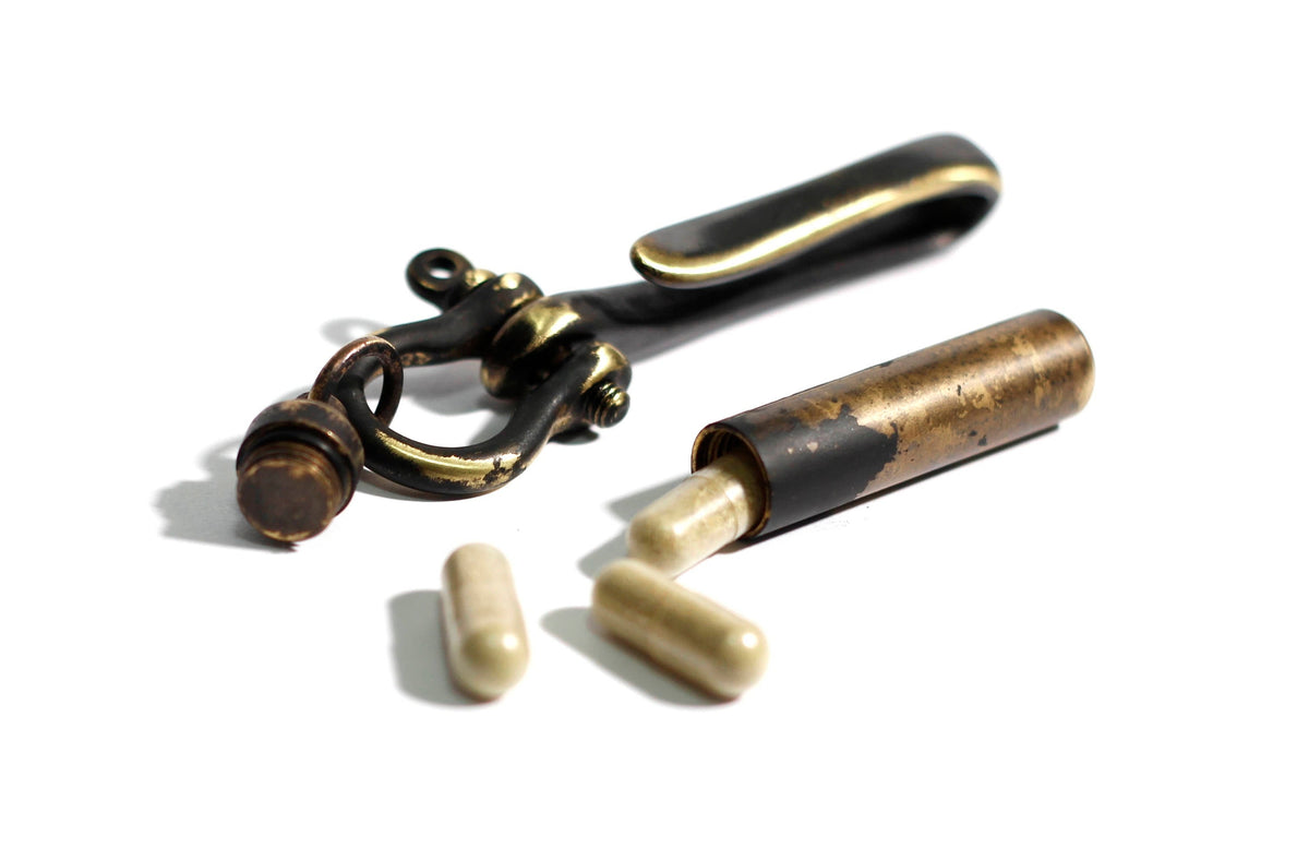 Distressed Blackened Solid Brass Belt Fish Hook Stash Capsule Pendant Accessory / Keychain / EDC / Key Ring / Mens Accessories