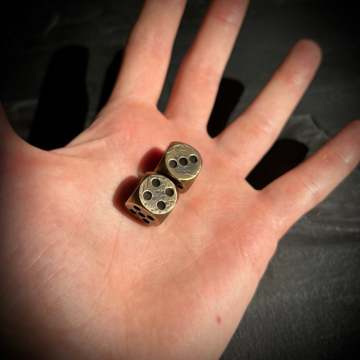 Custom Solid Heavy Brass Metal Dice Set with Distressed Aged Vintage Old Finish / EDC / Pocket Accessory / Poker / Gambler / Card Game