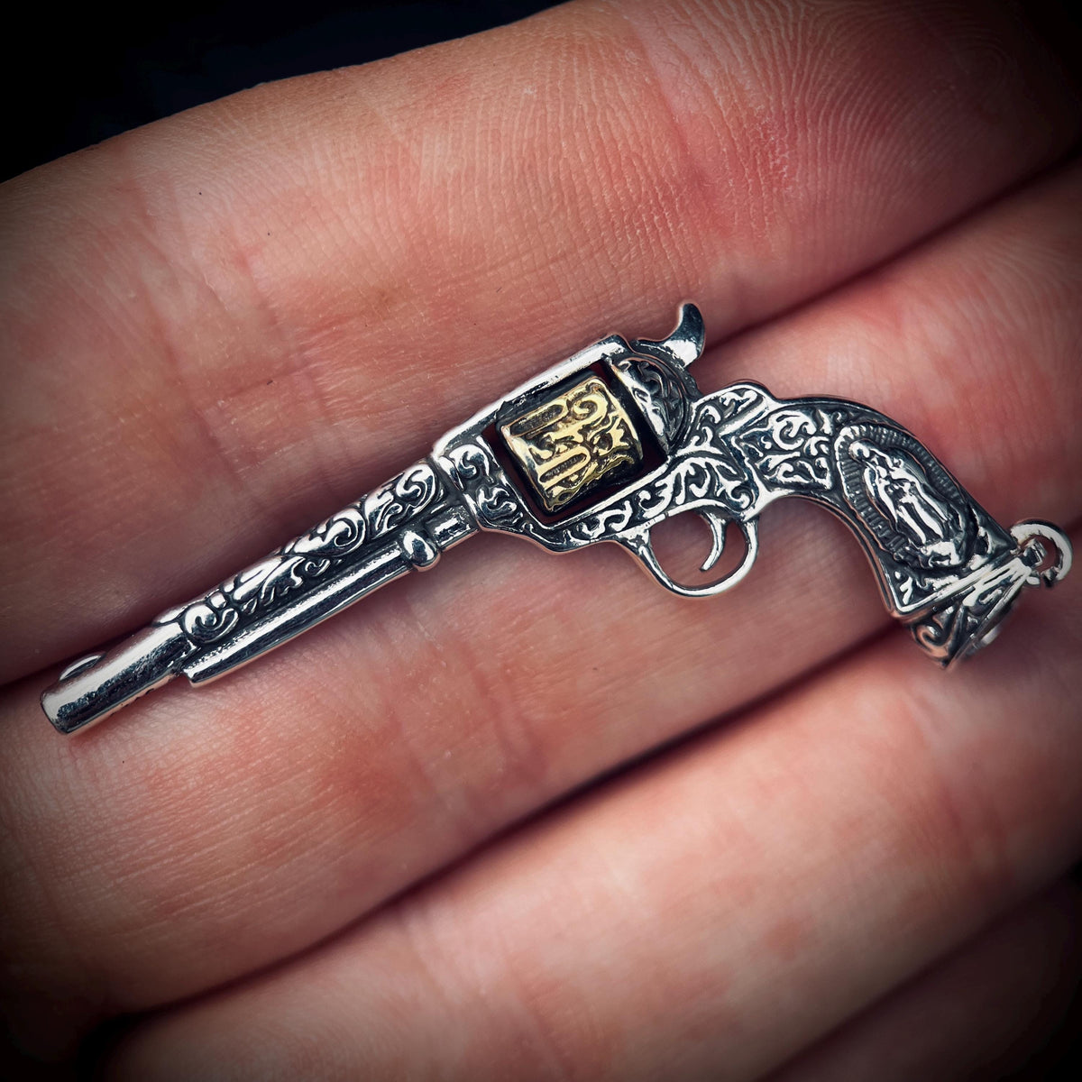Ornate Engraved Stainless Steel Silver Outlaw Cowboy Revolver Gun Pendant with Gold Plated Cylinder