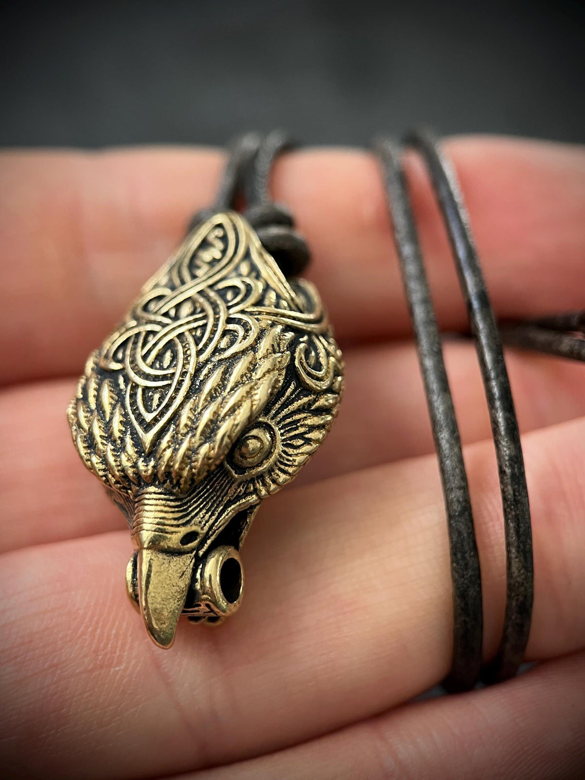 Rustic Brass Celtic Golden Eagle Bird Head Pendant & Black Distressed Leather Cord Necklace