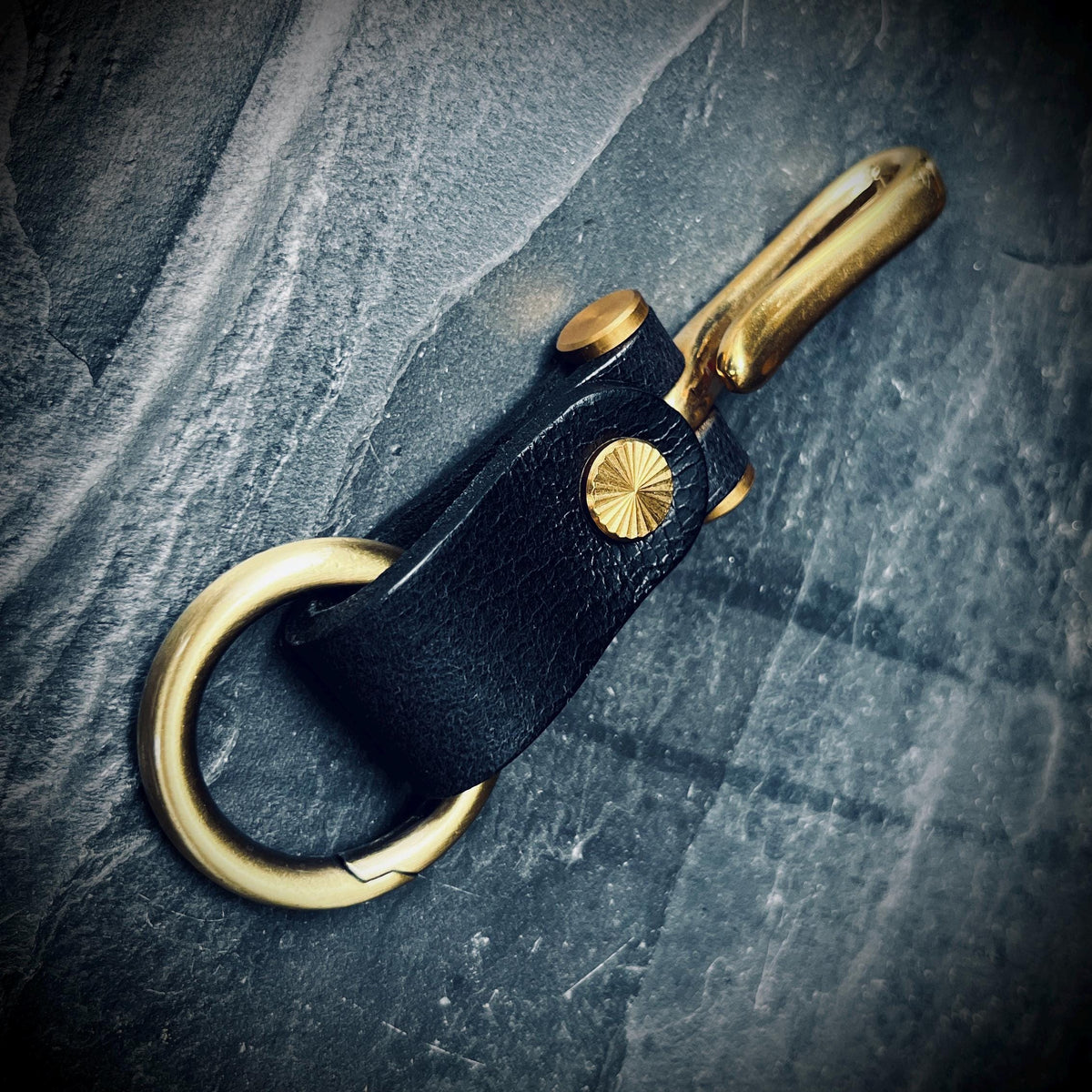 Distressed Black Leather Brass Fish Hook Belt Keychain / Key Holder / Lanyard / Carabiner